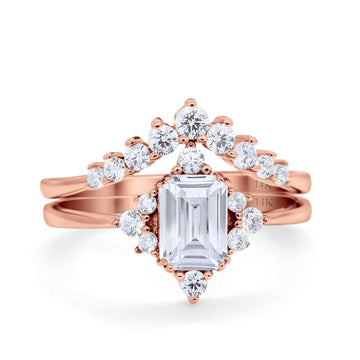 14K Rose Gold Emerald Cut Art Deco Two Piece Bridal Set Ring Engagement Band Simulated CZ Size-7
